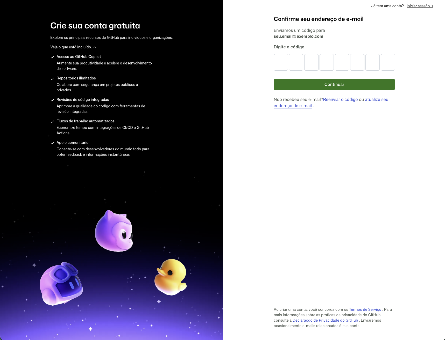 Tela Confirme seu endereço de e-mail do GitHub, traduzida para o português, com oito caixas para digitar o código e o botão Continuar