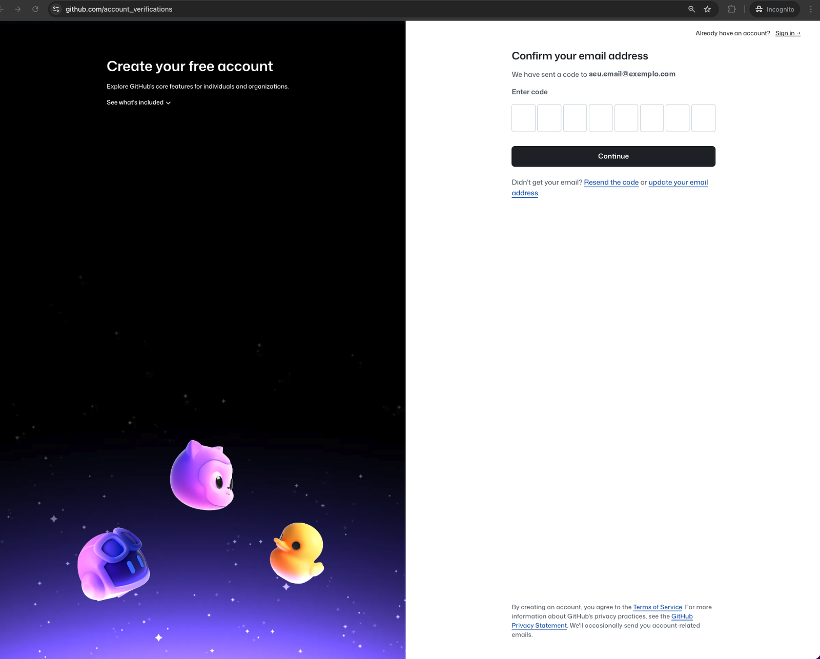 Tela Confirm your email address do GitHub, com oito caixas para digitar o código e o botão Continue