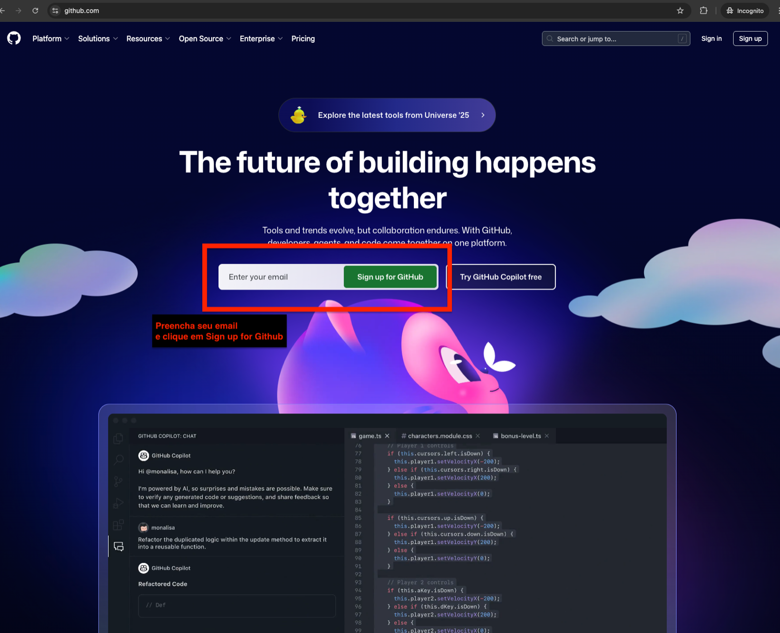 Página inicial do GitHub com o campo de e-mail e o botão Sign up for GitHub destacados