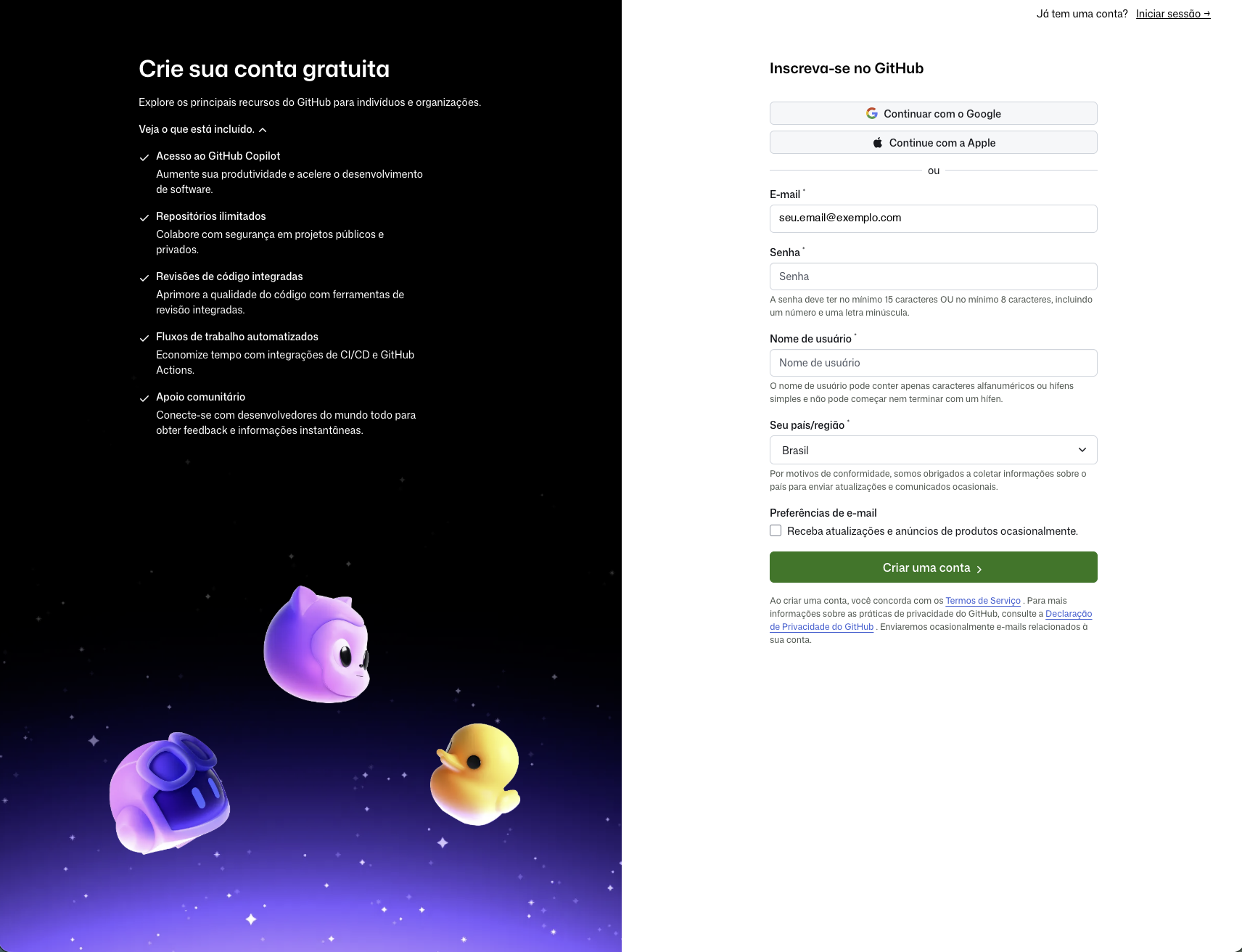 Formulário de cadastro do GitHub traduzido para o português, com os campos E-mail, Senha, Nome de usuário e Seu país/região, e o botão Criar uma conta
