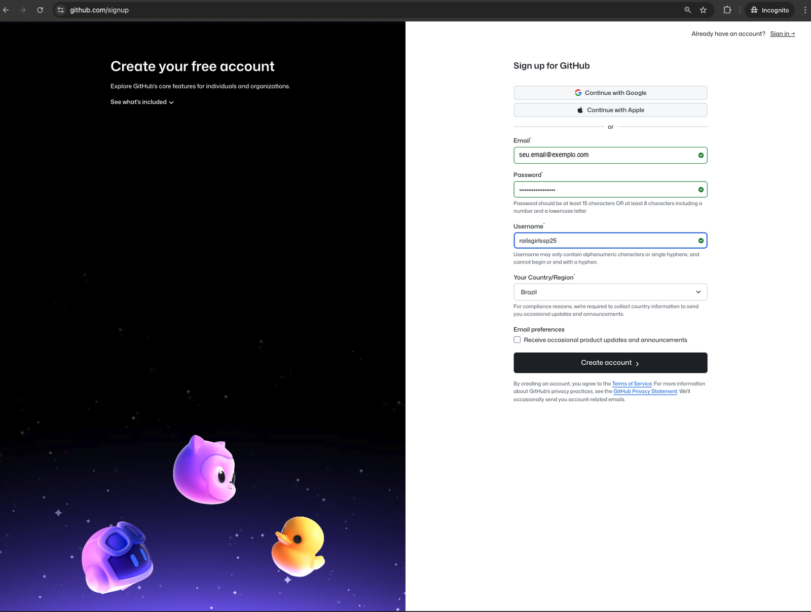 Formulário de cadastro do GitHub com os campos Email, Password, Username e Your Country/Region preenchidos, e o botão Create account