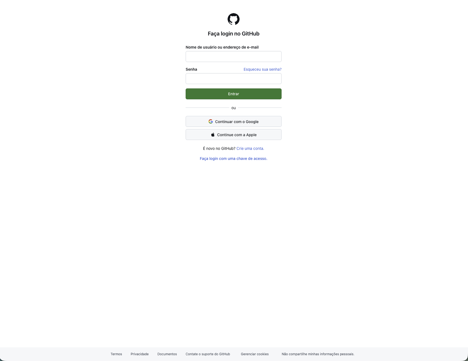 Tela Faça login no GitHub, traduzida para o português, com os campos Nome de usuário ou endereço de e-mail e Senha e o botão Entrar