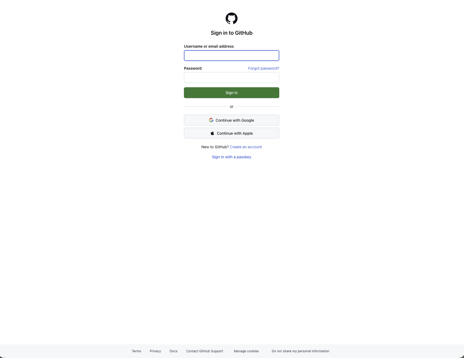 Tela Sign in to GitHub, com os campos Username or email address e Password e o botão Sign in