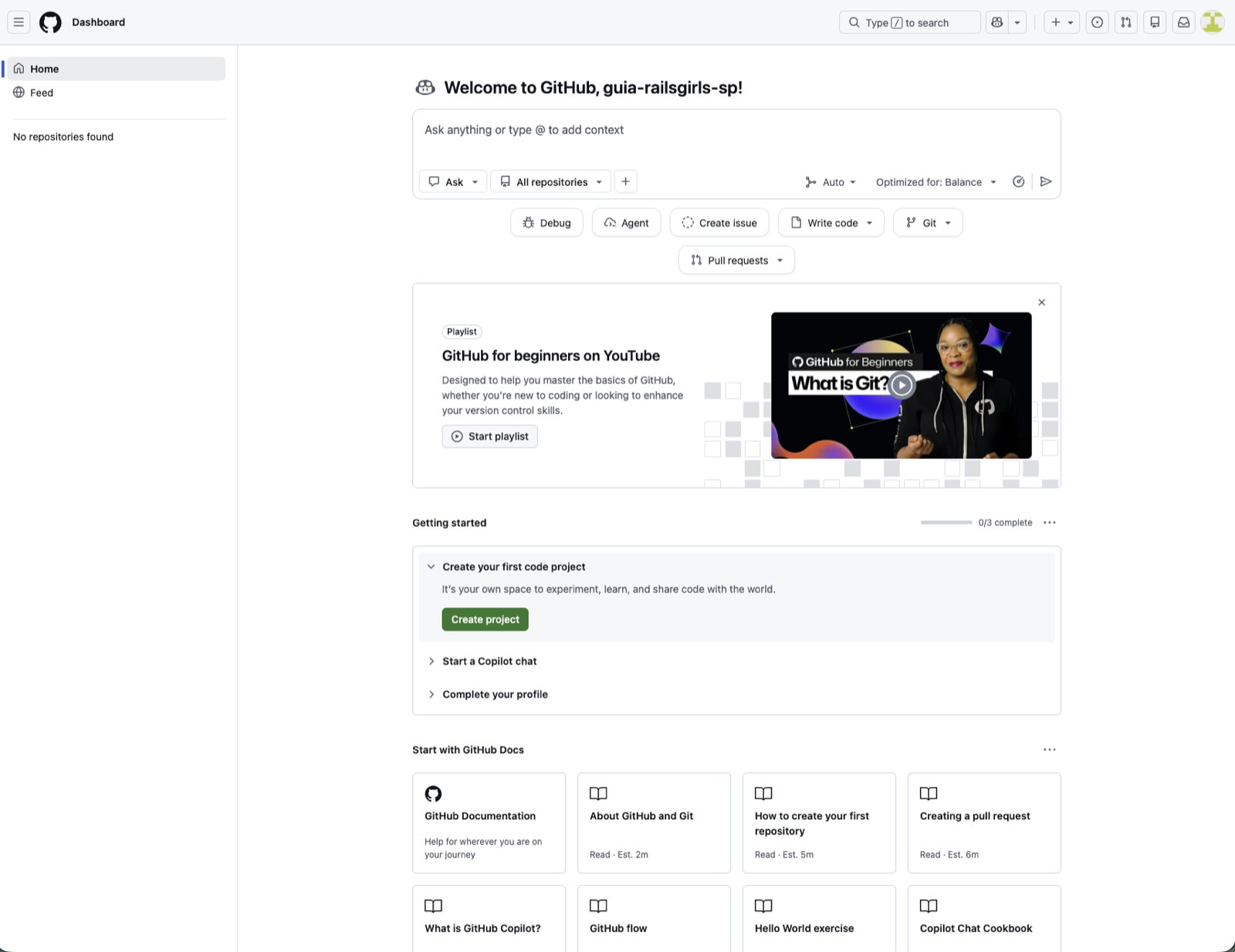 Painel do GitHub logo depois do login, com a mensagem Welcome to GitHub seguida do nome de usuária e, à esquerda, No repositories found