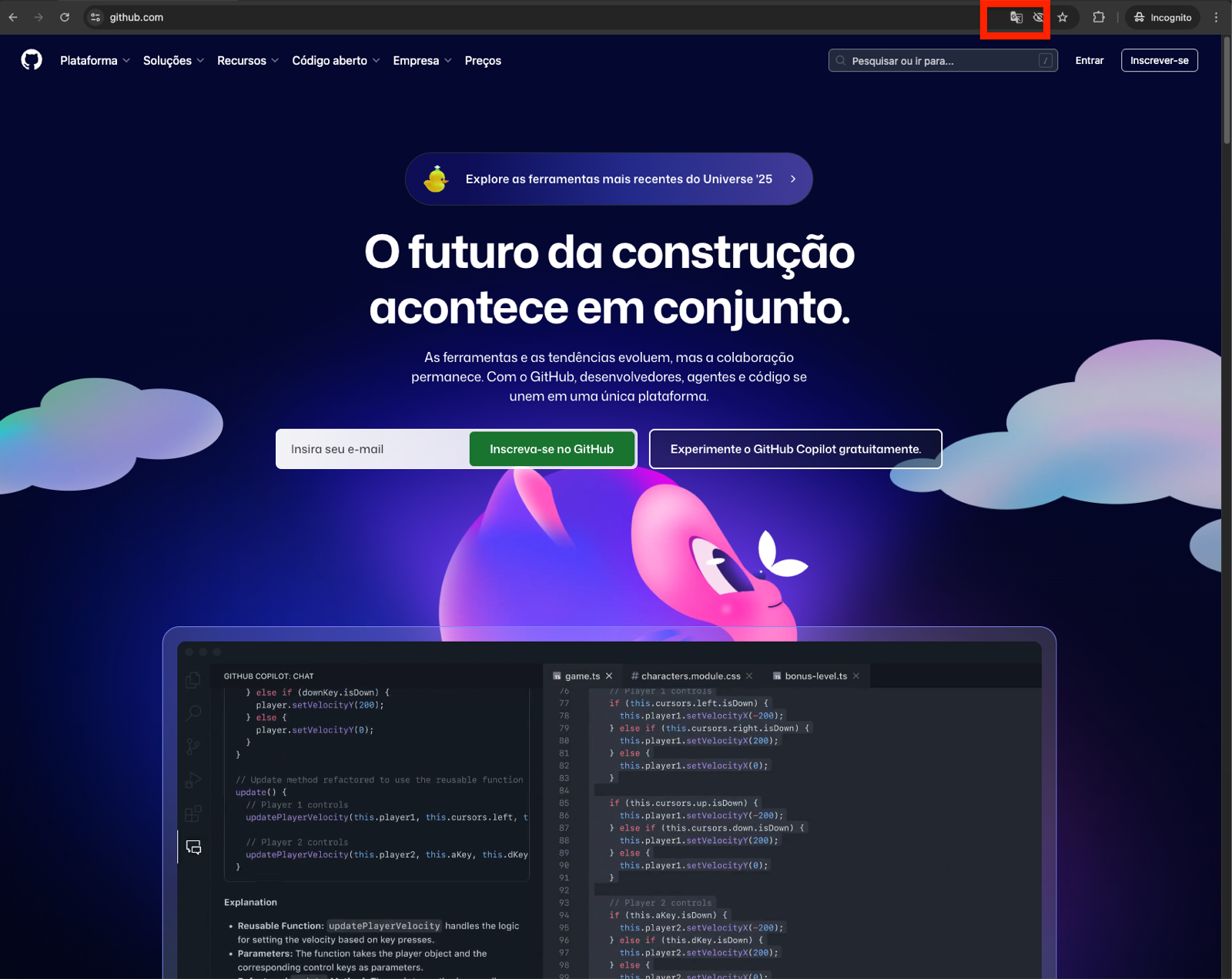 Barra de endereço do Chrome com o ícone de tradução destacado e a página do GitHub já em português