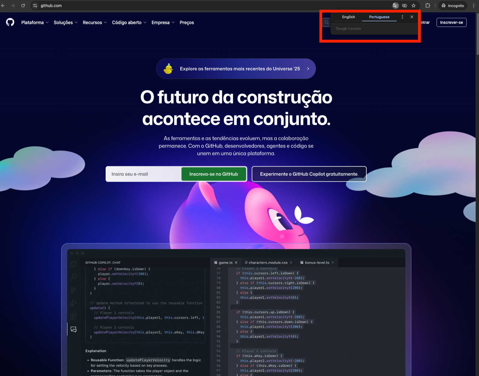 Janela do Google Tradutor com as opções English e Portuguese, com Portuguese selecionado