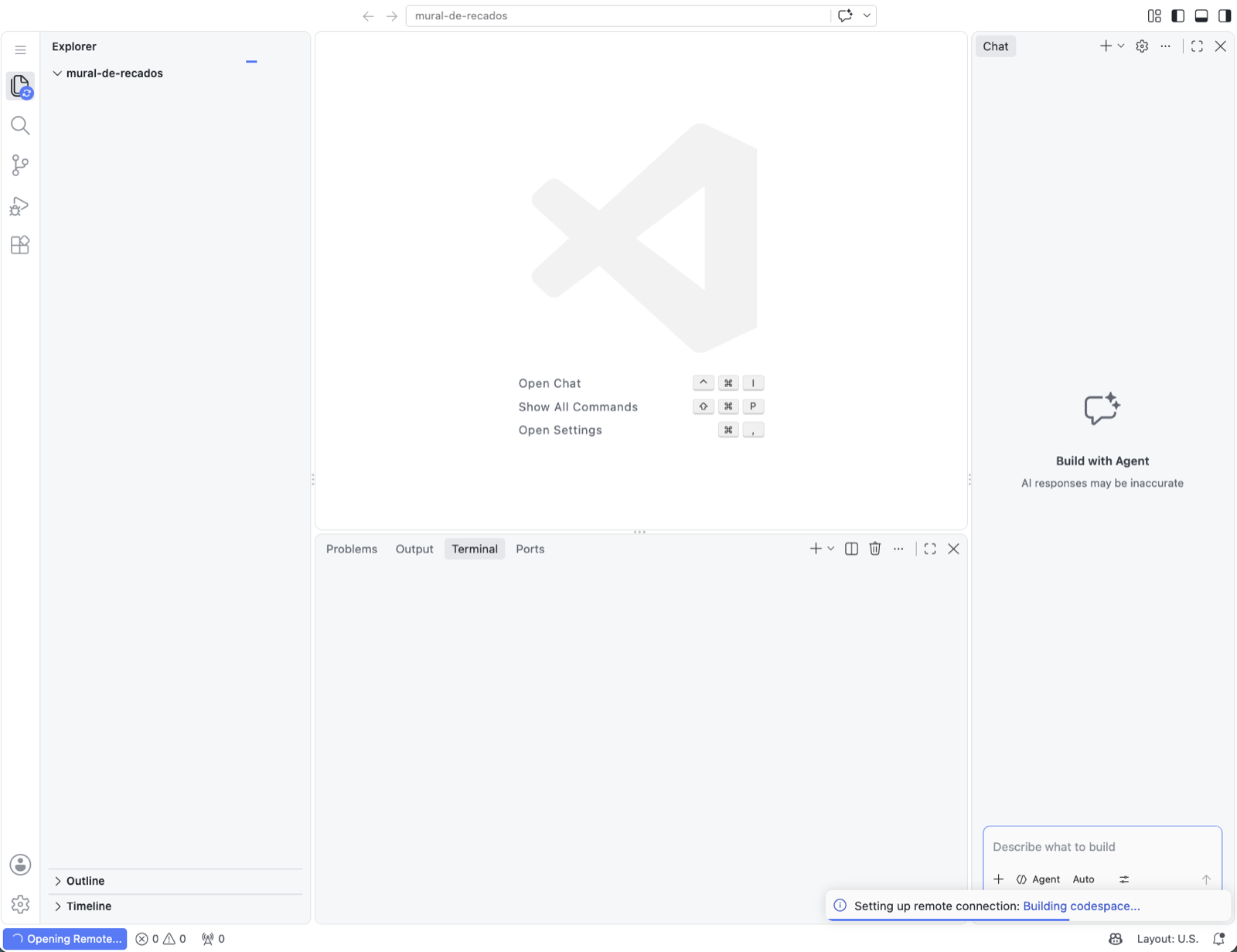 Codespace abrindo no navegador, com o terminal ainda vazio e o aviso Setting up remote connection: Building codespace no canto inferior direito