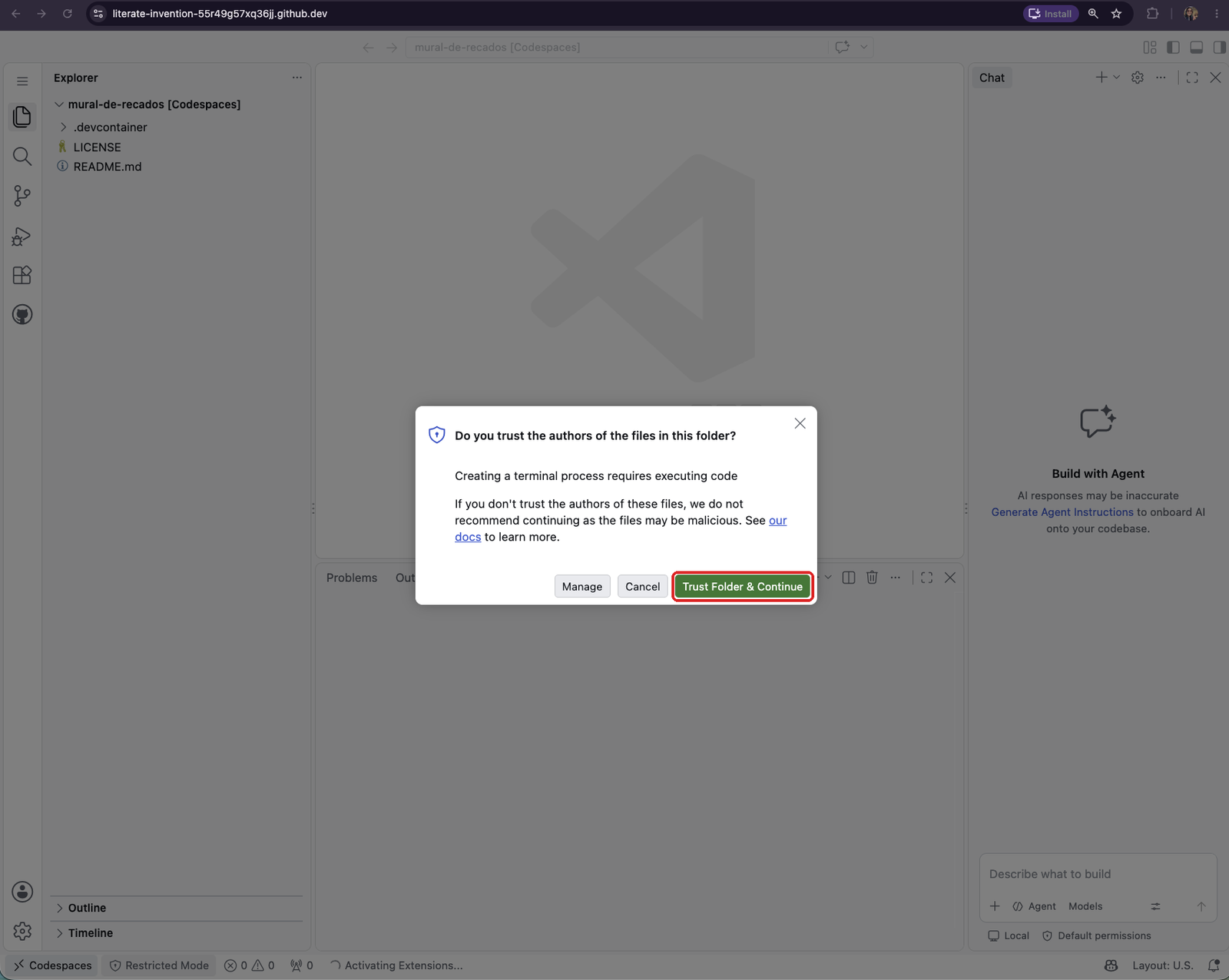 Janela Do you trust the authors of the files in this folder? com os botões Manage, Cancel e Trust Folder & Continue, este último destacado