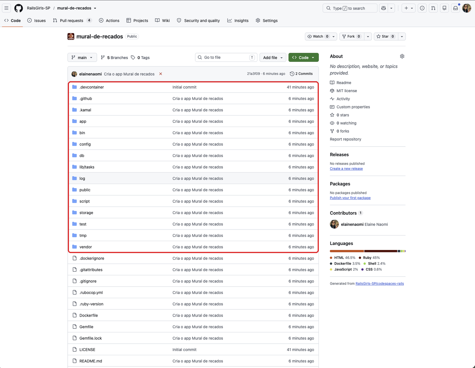 Página do repositório mural-de-recados no GitHub com a lista de pastas e arquivos do app destacada, quase todos com a mensagem Cria o app Mural de recados