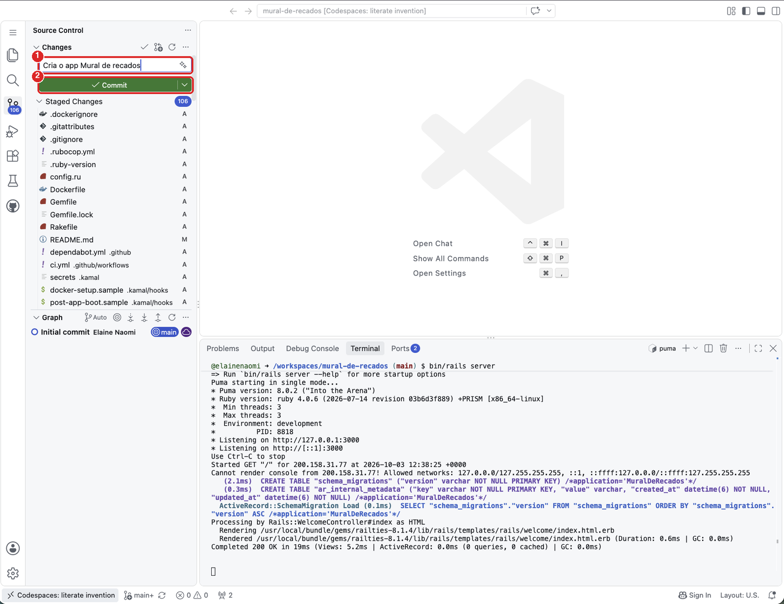 Painel Source Control: 1 marca o campo de mensagem com o texto Cria o app Mural de recados e 2 marca o botão Commit; abaixo, a lista Staged Changes