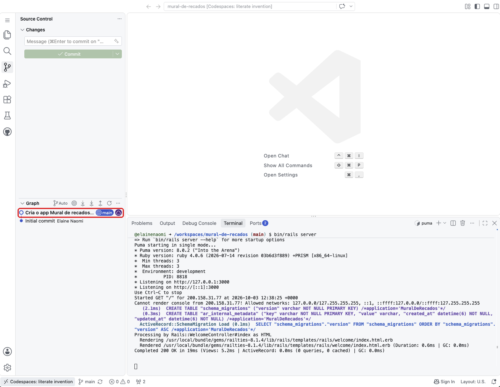 Seção Graph do painel Source Control com o commit Cria o app Mural de recados destacado, com a etiqueta main e o ícone de nuvem