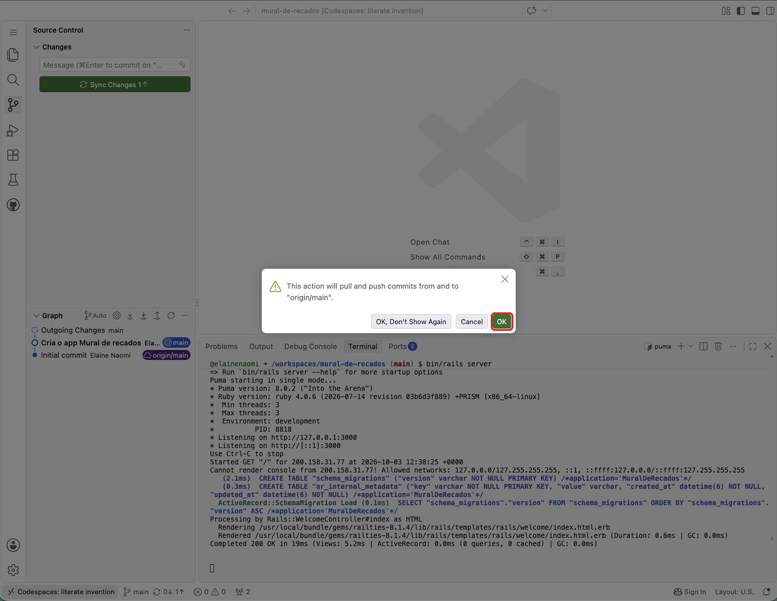 Janela This action will pull and push commits from and to origin/main, com o botão OK destacado