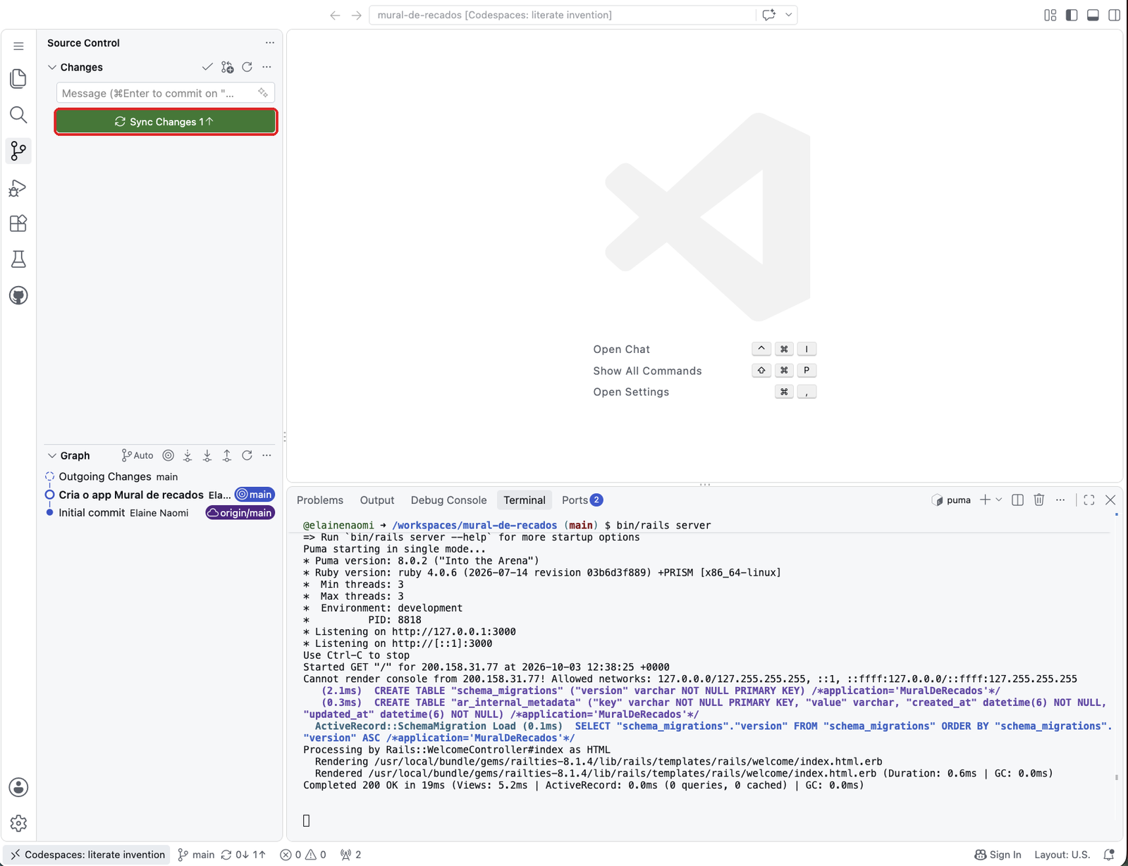 Painel Source Control com o botão Sync Changes destacado
