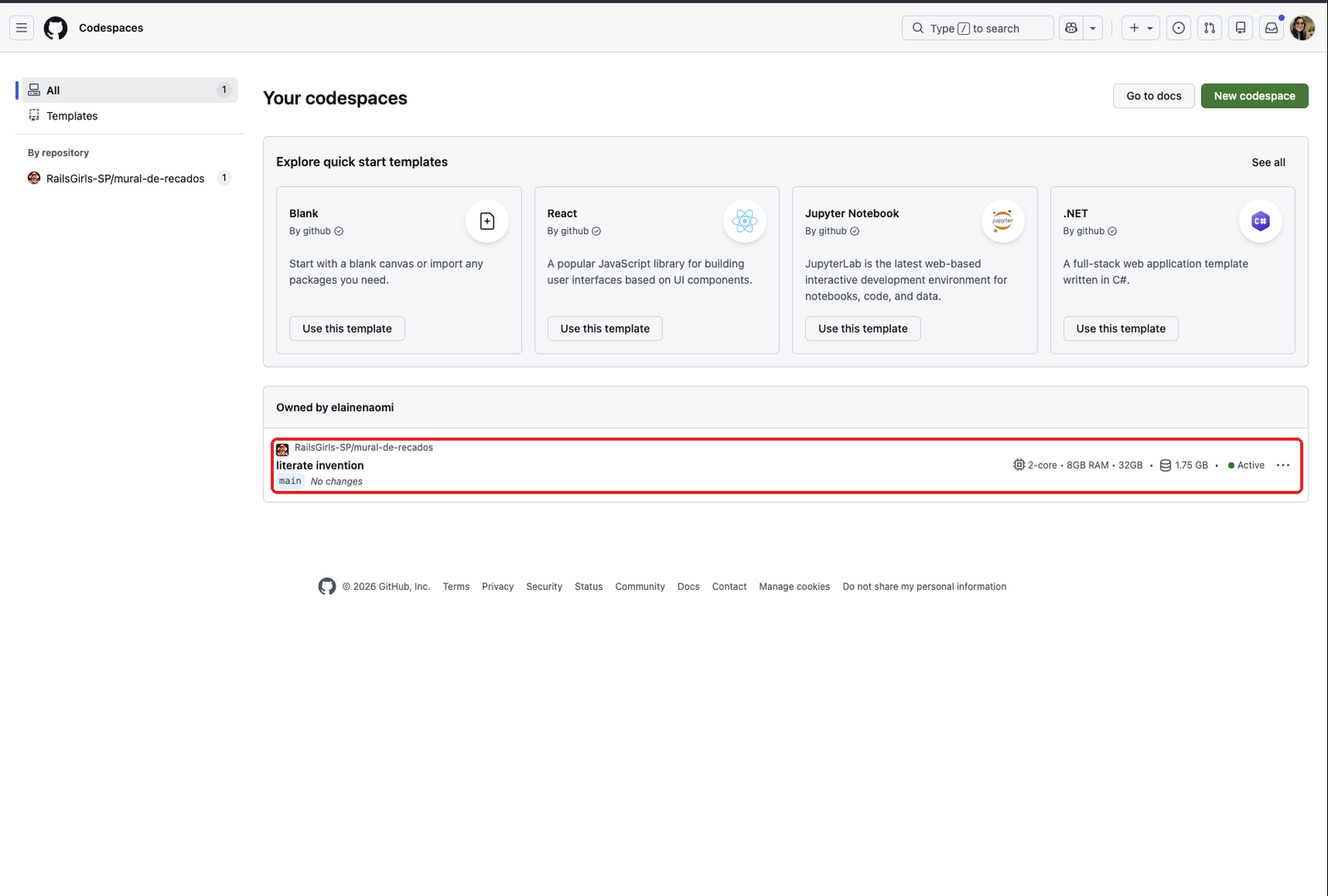 Página Your codespaces do GitHub com o codespace literate invention, do repositório mural-de-recados, destacado na lista de baixo