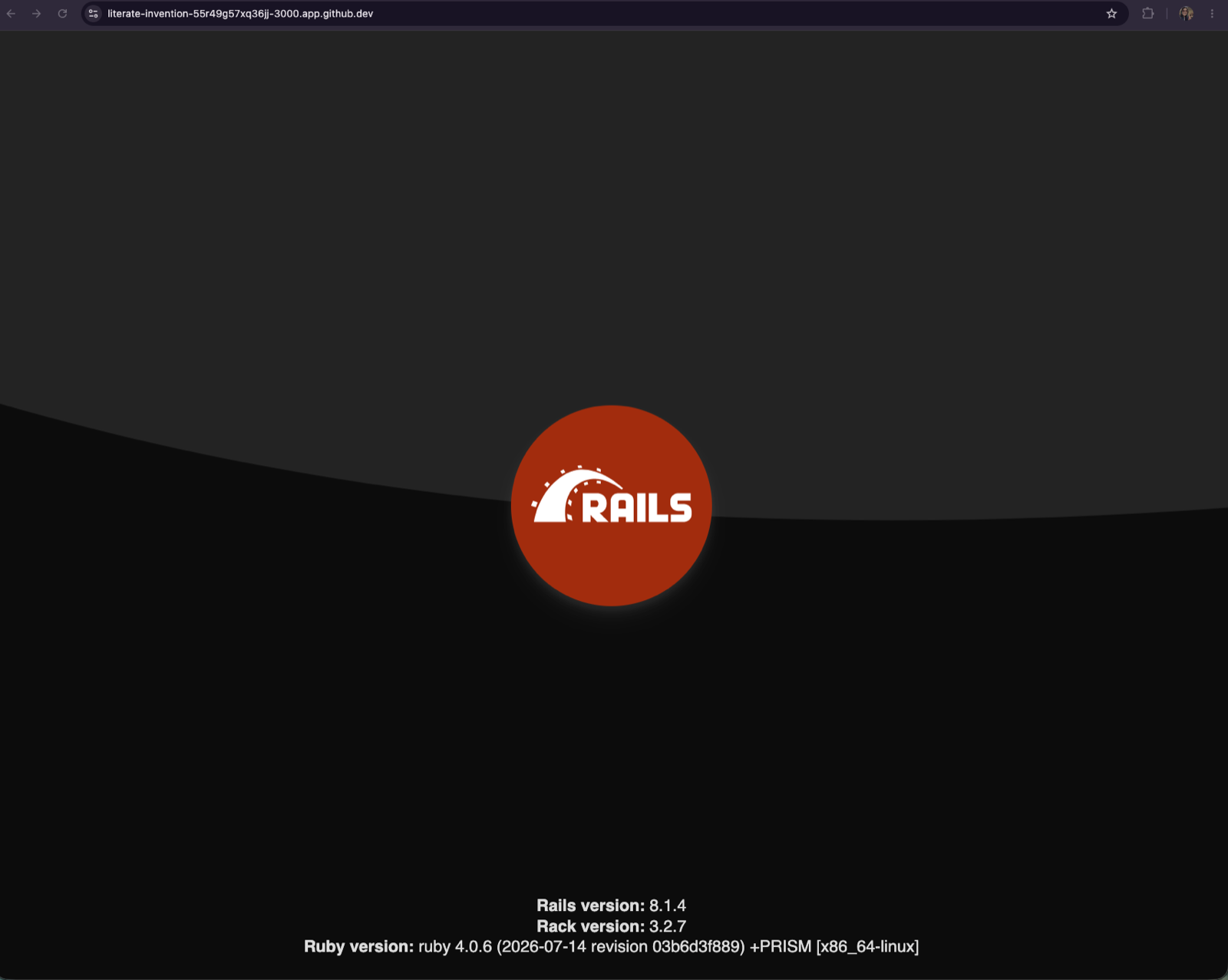 Página de boas-vindas do Rails aberta num endereço terminado em app.github.dev: o logo do Rails num círculo vermelho e, embaixo, Rails version 8.1.4 e Ruby version 4.0.6