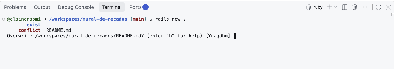 Terminal depois do comando rails new, mostrando conflict README.md e a pergunta Overwrite README.md com as opções Ynaqdhm, esperando a resposta