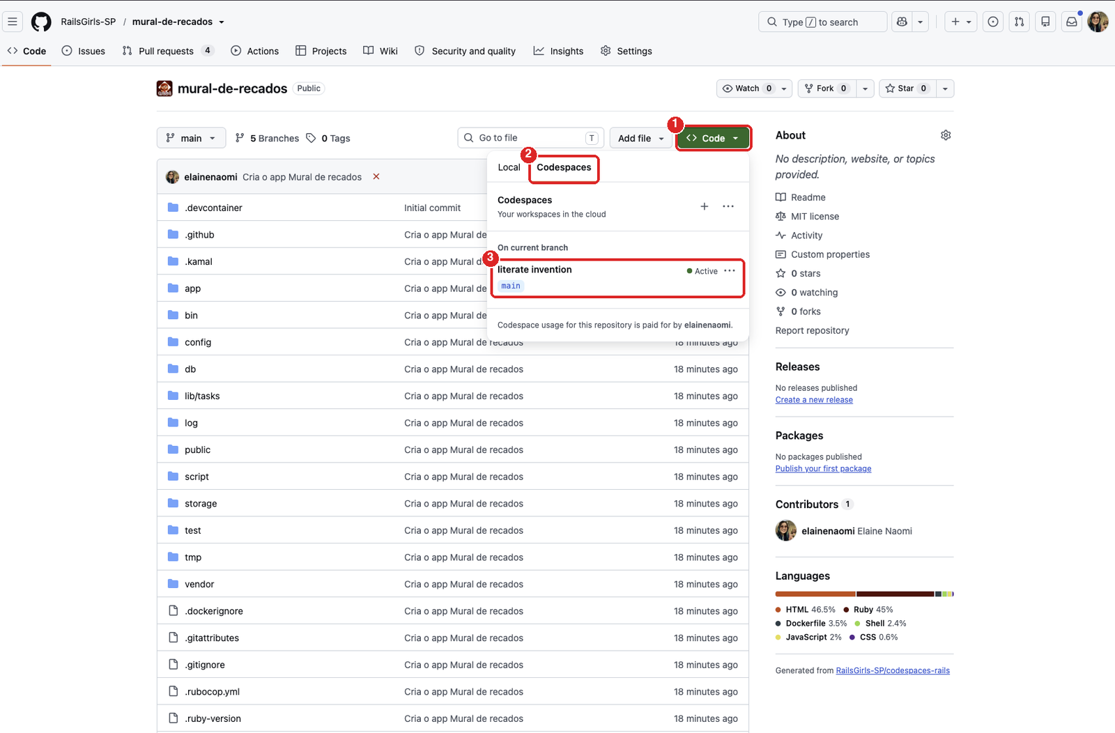 Página do repositório com o menu do botão Code aberto: 1 marca o botão Code, 2 marca a aba Codespaces e 3 marca o codespace literate invention, com o status Active