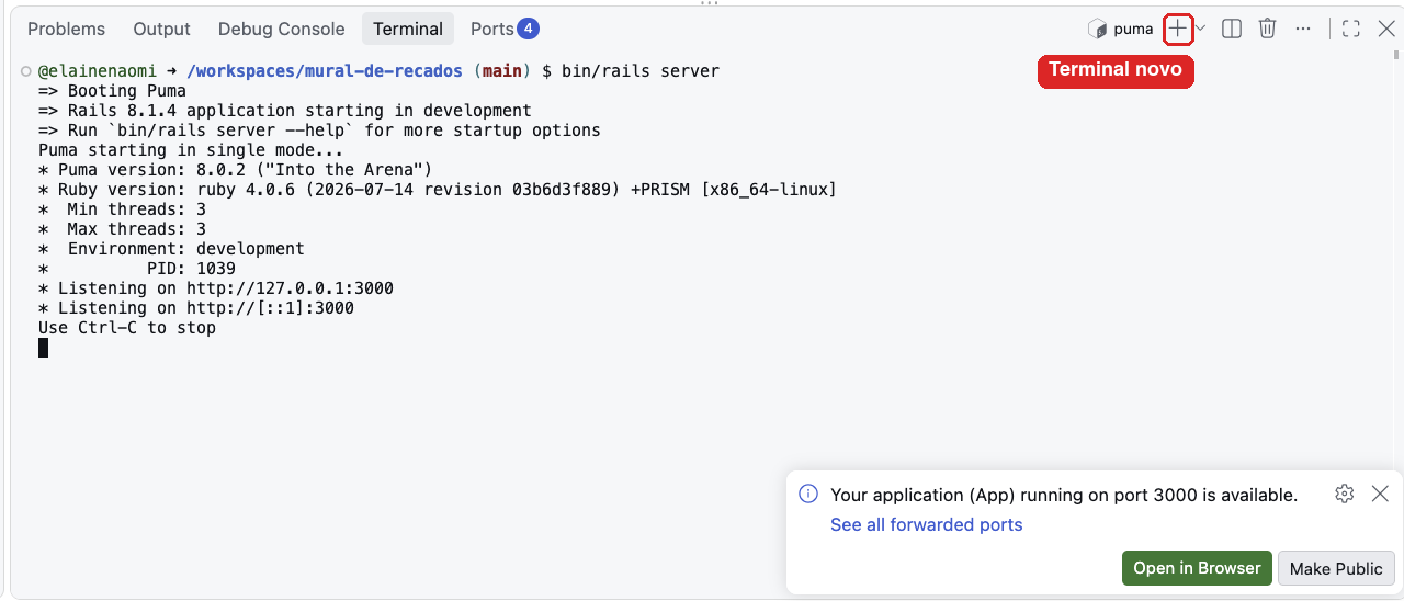 Terminal com o servidor ligado e o botão + do painel do terminal destacado com a etiqueta Terminal novo