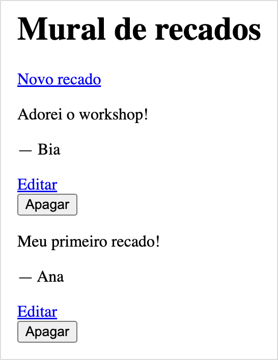 Página Mural de recados com os recados da Bia e da Ana, cada um com o link Editar e, embaixo, o botão Apagar
