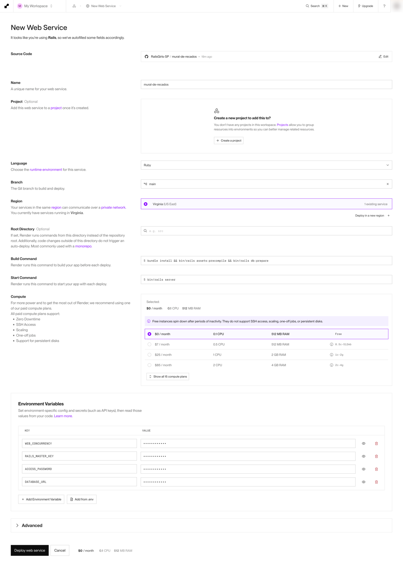 Formulário New Web Service do Render preenchido: Source Code com o repositório mural-de-recados, Name mural-de-recados, Project vazio, Language Ruby, Branch main, Region Virginia (US East) com 1 existing service, Root Directory vazio, Build Command com bundle install, assets:precompile e db:prepare, Start Command bin/rails server, Compute com a opção $0 / month (Free) marcada, as variáveis WEB_CONCURRENCY, RAILS_MASTER_KEY, ACCESS_PASSWORD e DATABASE_URL com os valores escondidos, a parte Advanced fechada e o botão Deploy web service