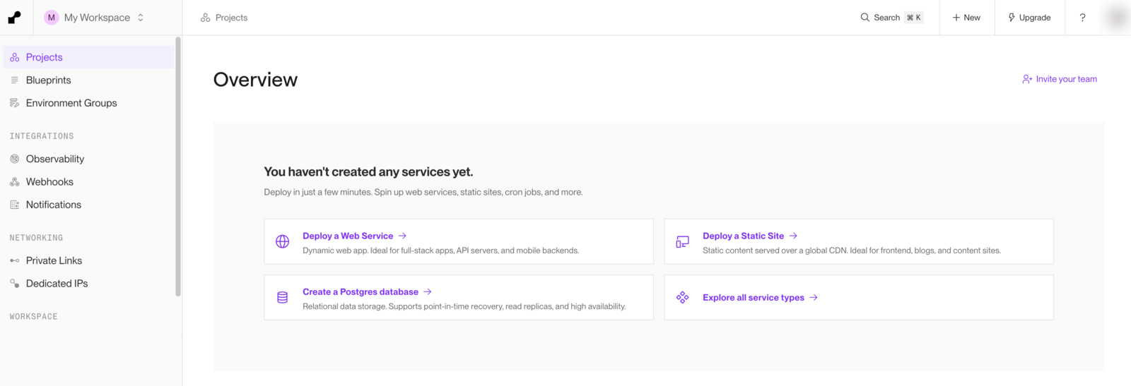 Painel do Render recém-criado: no alto, à direita, o botão New; no meio, a mensagem "You haven't created any services yet" e os atalhos Deploy a Web Service, Deploy a Static Site, Create a Postgres database e Explore all service types
