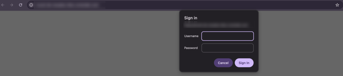 Navegador abrindo o endereço do mural de recados no Render, com a janelinha Sign in pedindo Username e Password, e os botões Cancel e Sign In